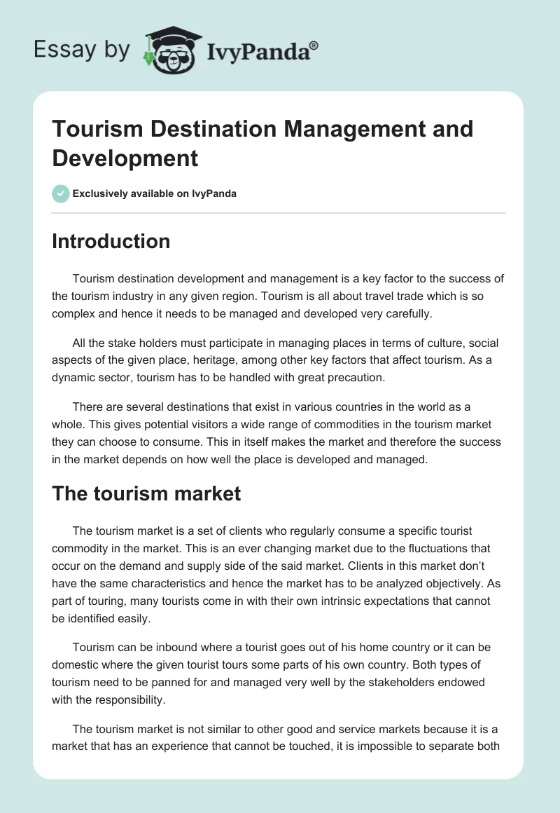 Tourism Destination Management and Development. Page 1