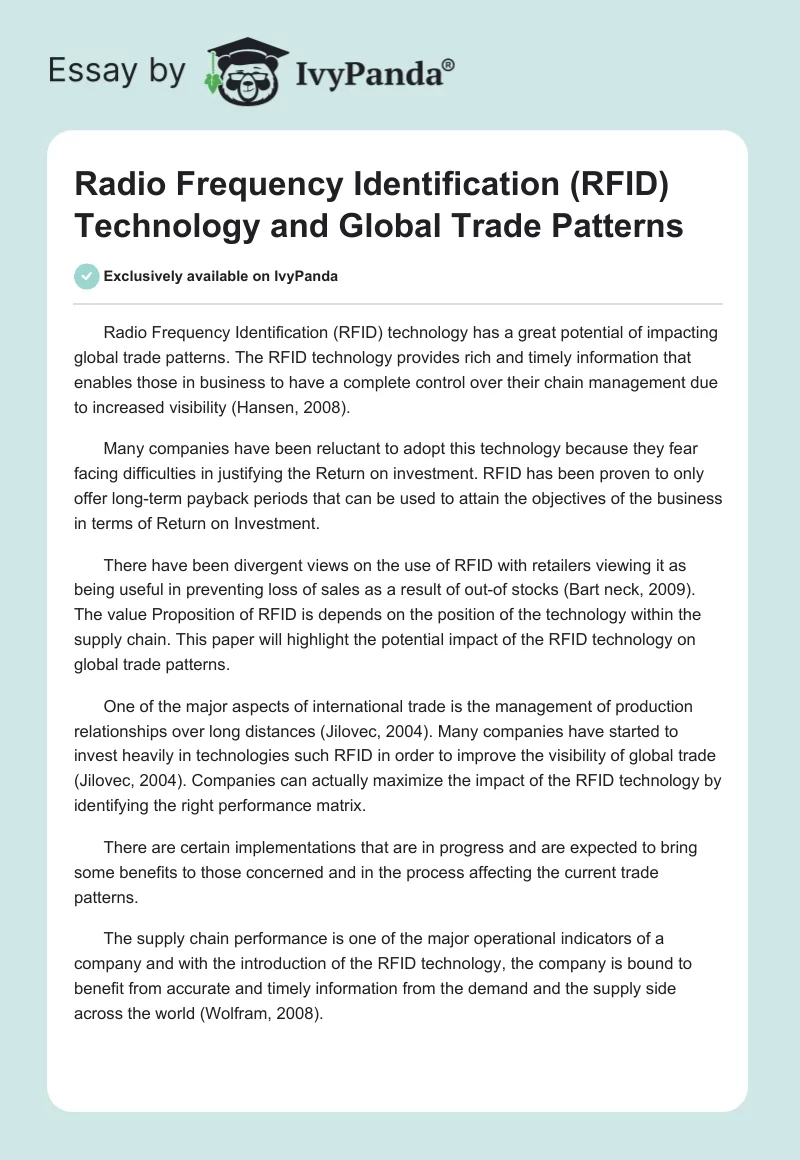 Radio Frequency Identification (RFID) Technology and Global Trade Patterns. Page 1