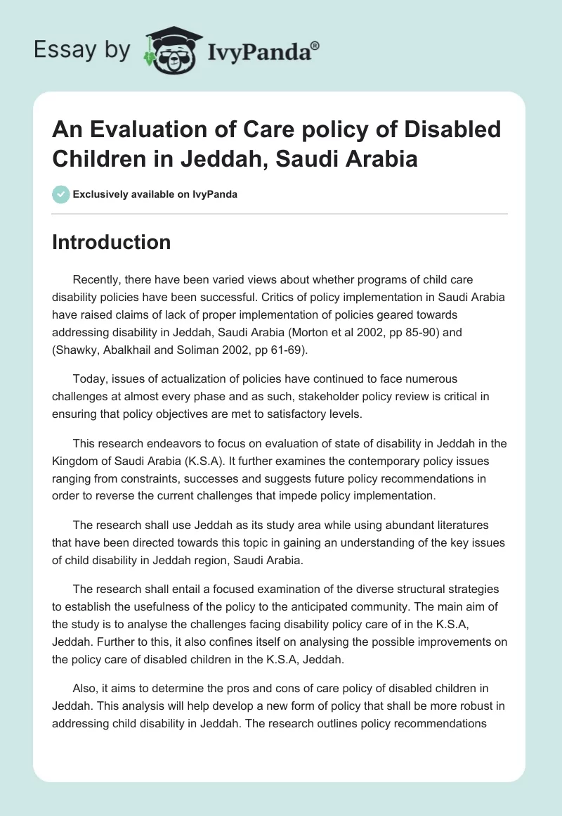 An Evaluation of Care policy of Disabled Children in Jeddah, Saudi Arabia. Page 1