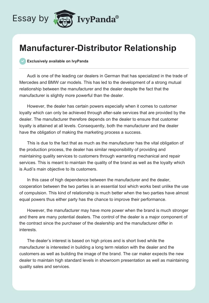 Manufacturer-Distributor Relationship. Page 1