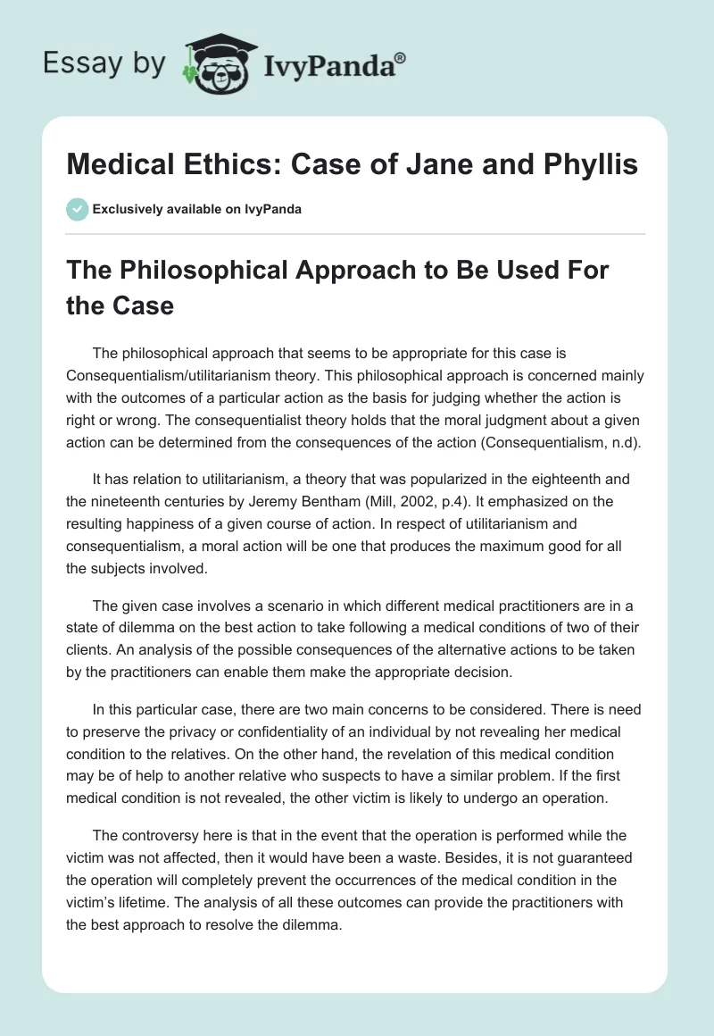Medical Ethics: Case of Jane and Phyllis. Page 1