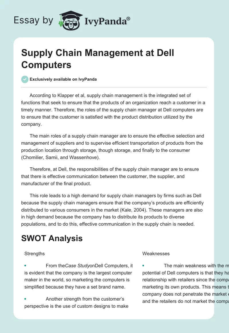 Supply Chain Management at Dell Computers. Page 1