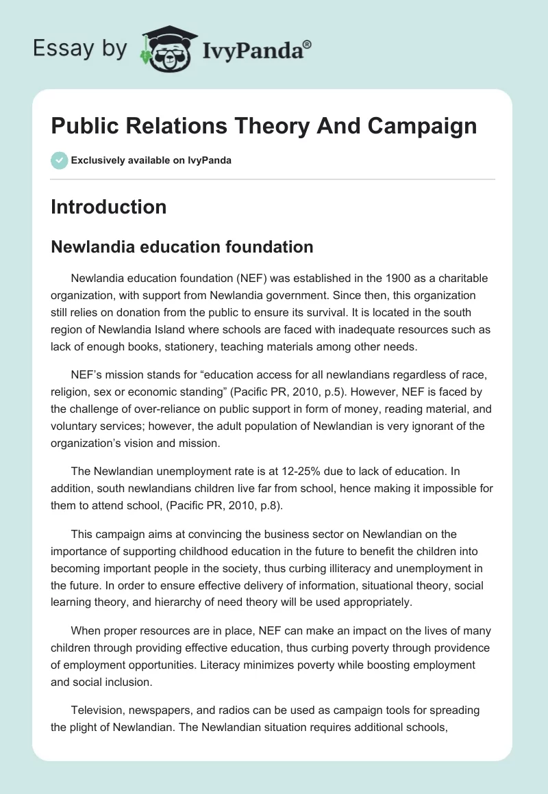 Public Relations Theory And Campaign. Page 1