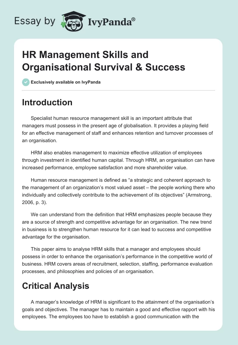HR Management Skills and Organisational Survival & Success. Page 1