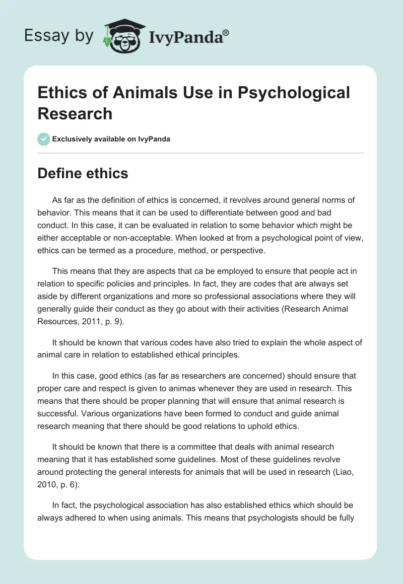 Ethics of Animals Use in Psychological Research. Page 1