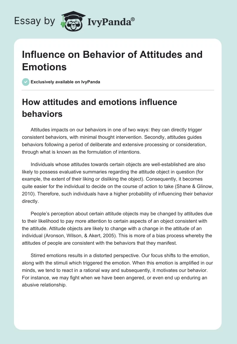 Influence on Behavior of Attitudes and Emotions. Page 1