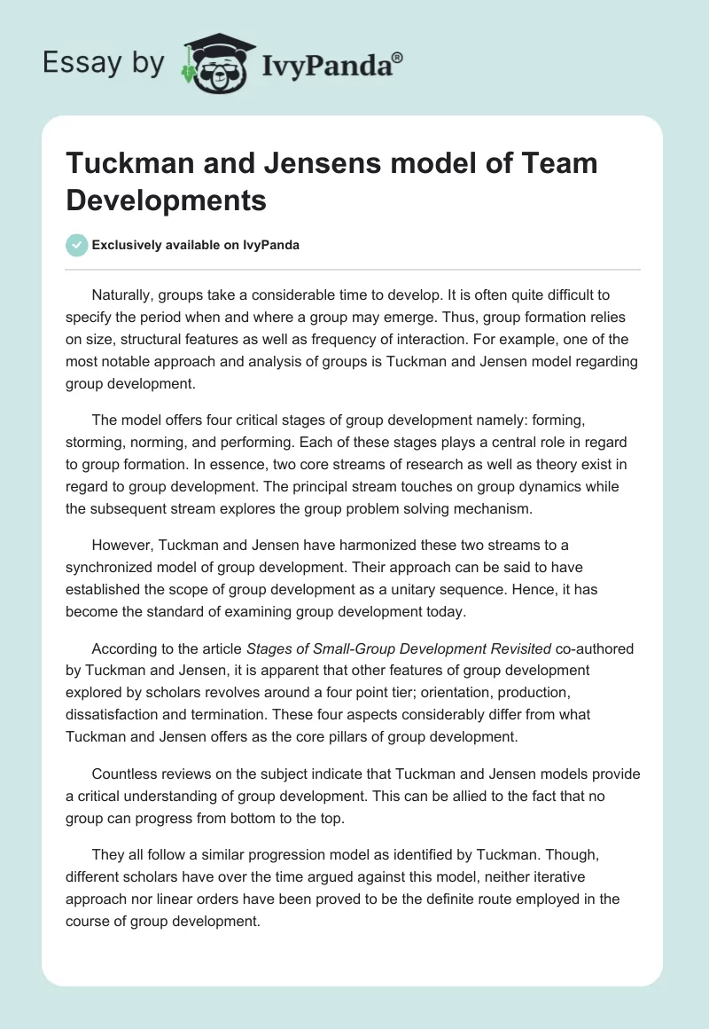 Tuckman and Jensens model of Team Developments. Page 1