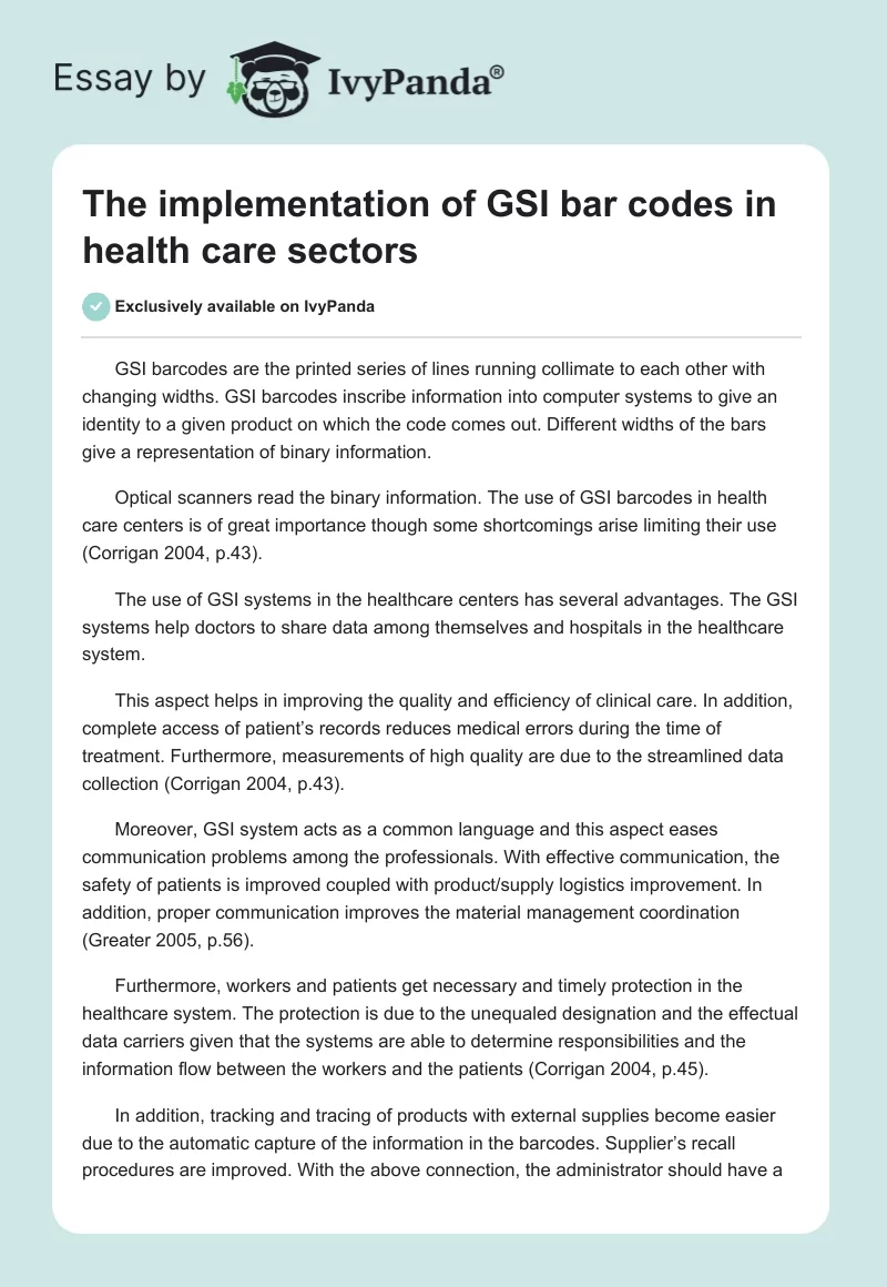 The implementation of GSI bar codes in health care sectors. Page 1