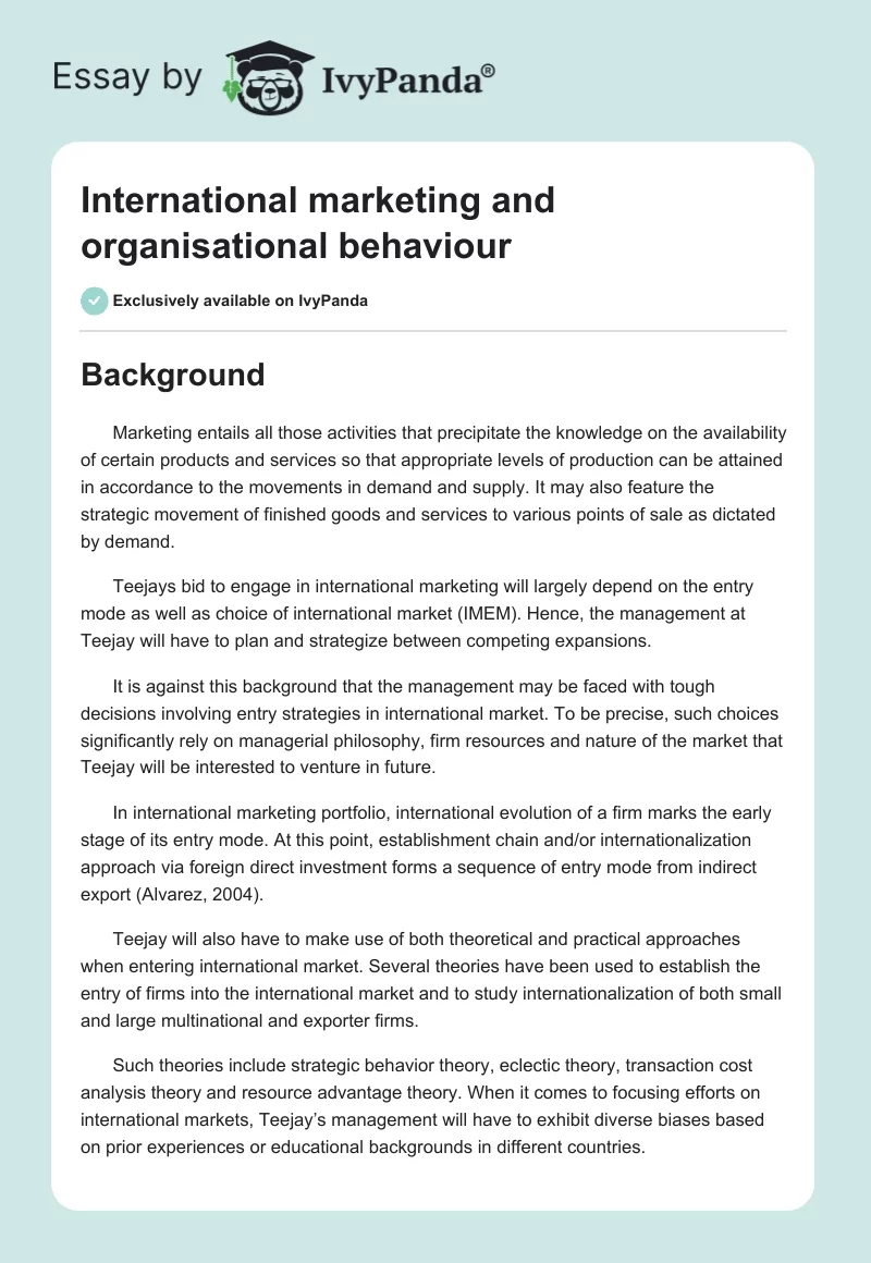 International marketing and organisational behaviour. Page 1