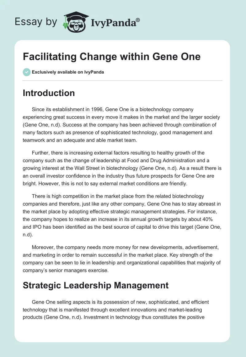 Facilitating Change within Gene One. Page 1