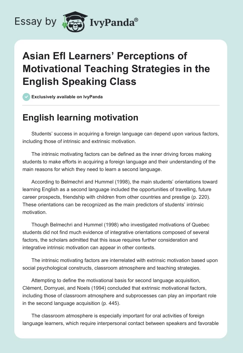 Asian Efl Learners’ Perceptions of Motivational Teaching Strategies in the English Speaking Class. Page 1
