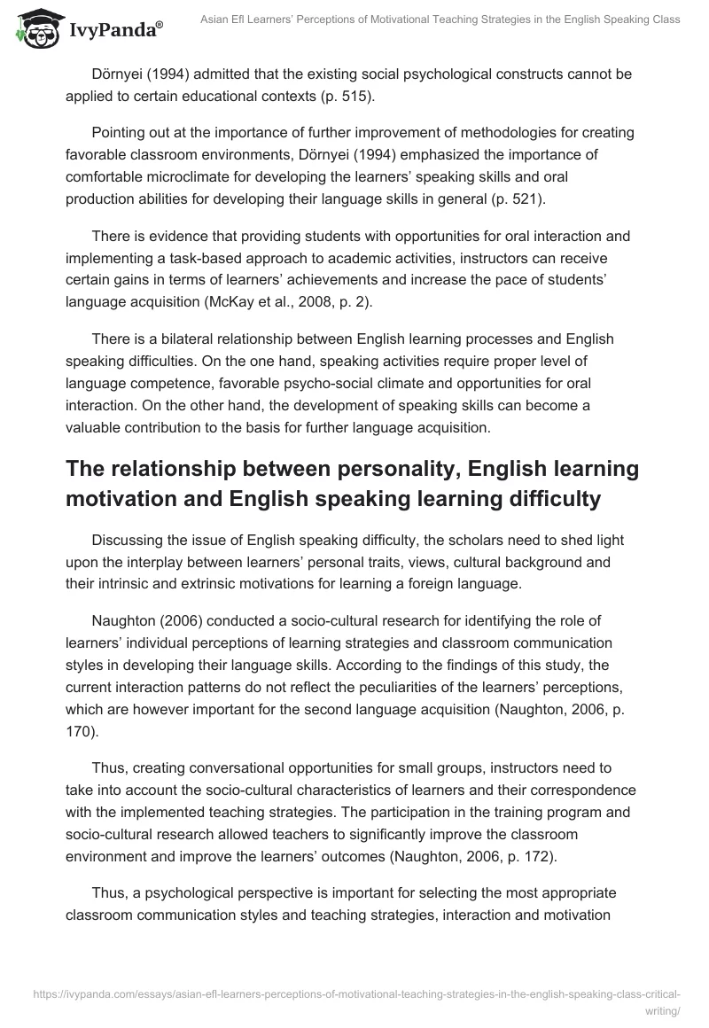 Asian Efl Learners’ Perceptions of Motivational Teaching Strategies in the English Speaking Class. Page 4