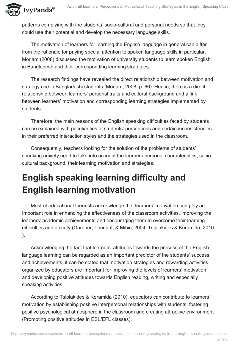 Asian Efl Learners’ Perceptions of Motivational Teaching Strategies in the English Speaking Class. Page 5