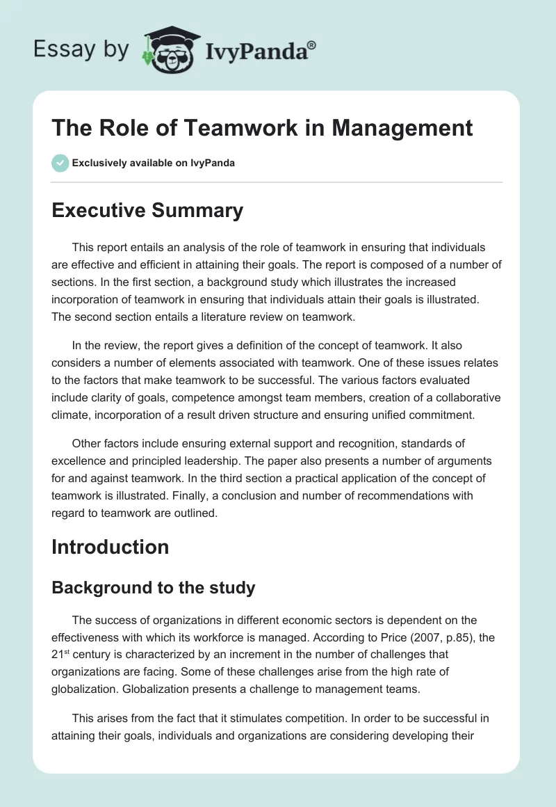 The Role of Teamwork in Management. Page 1