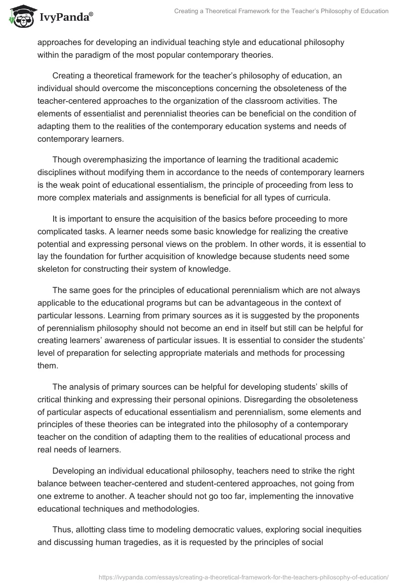 Creating a Theoretical Framework for the Teacher’s Philosophy of Education. Page 2