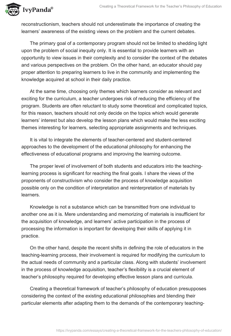 Creating a Theoretical Framework for the Teacher’s Philosophy of Education. Page 3