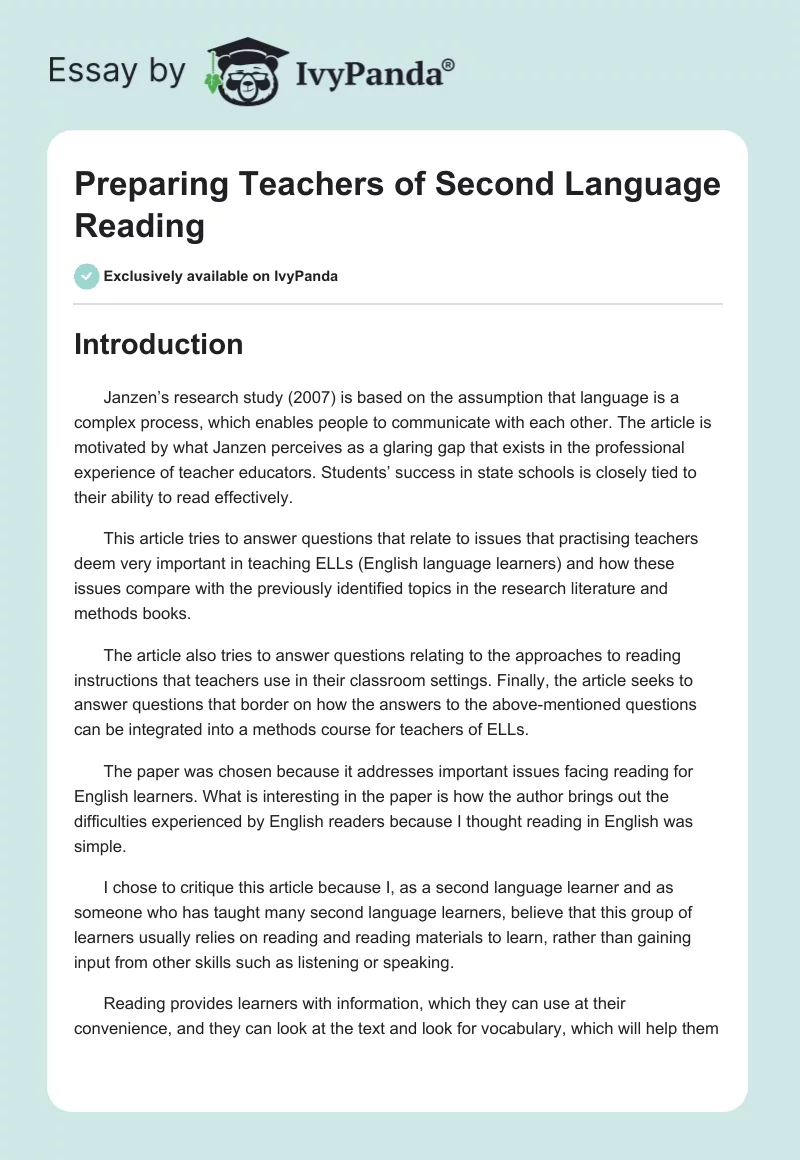 Preparing Teachers of Second Language Reading. Page 1