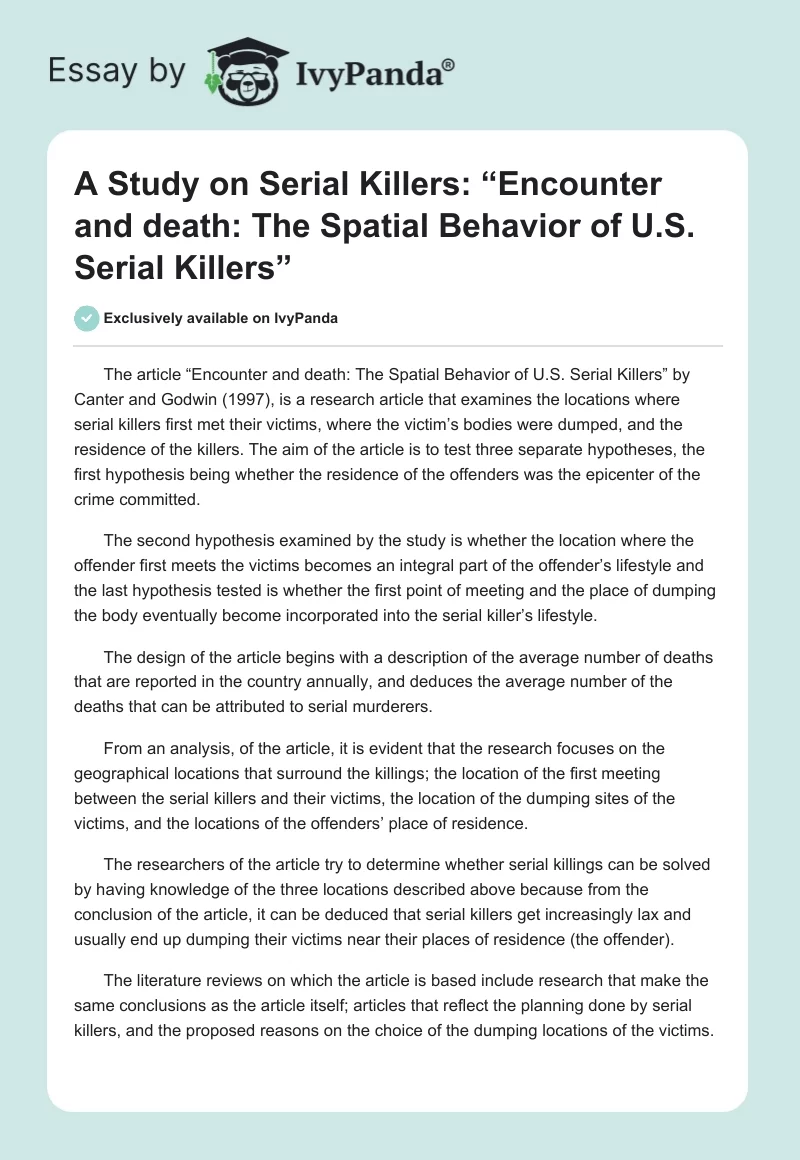 A Study on Serial Killers: “Encounter and death: The Spatial Behavior of U.S. Serial Killers”. Page 1