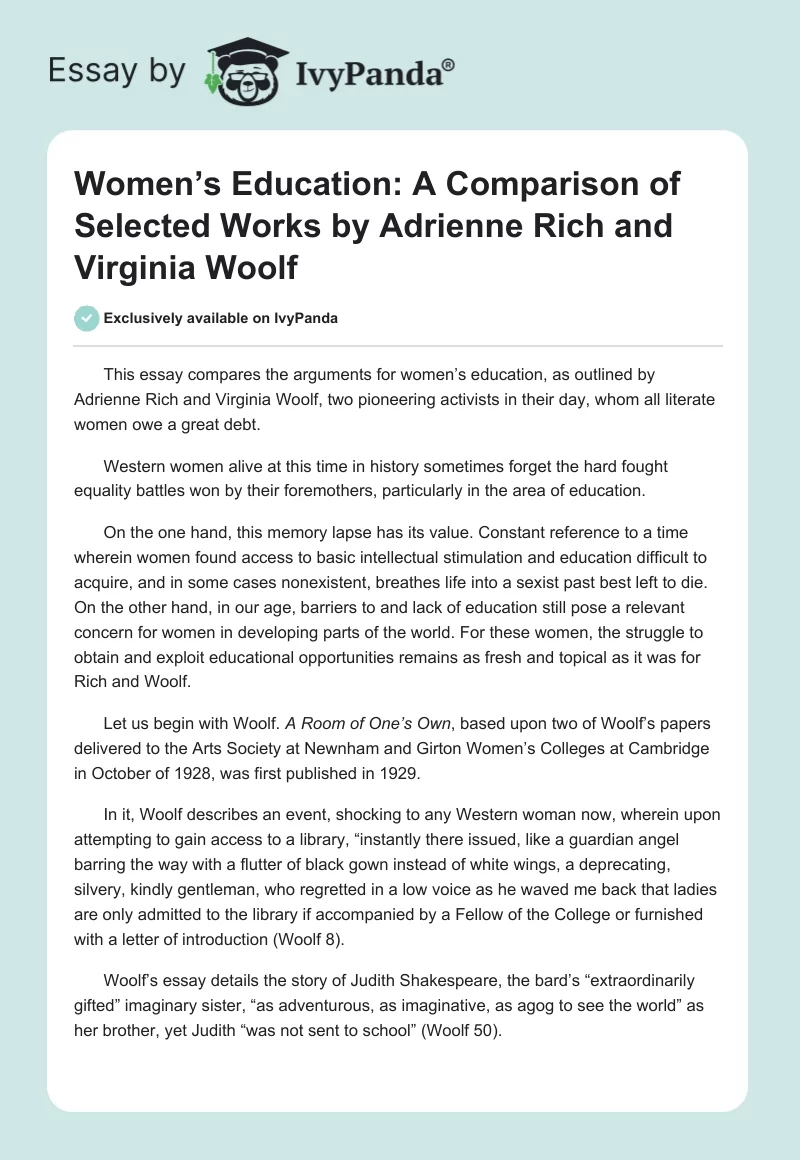 Women’s Education: A Comparison of Selected Works by Adrienne Rich and Virginia Woolf. Page 1