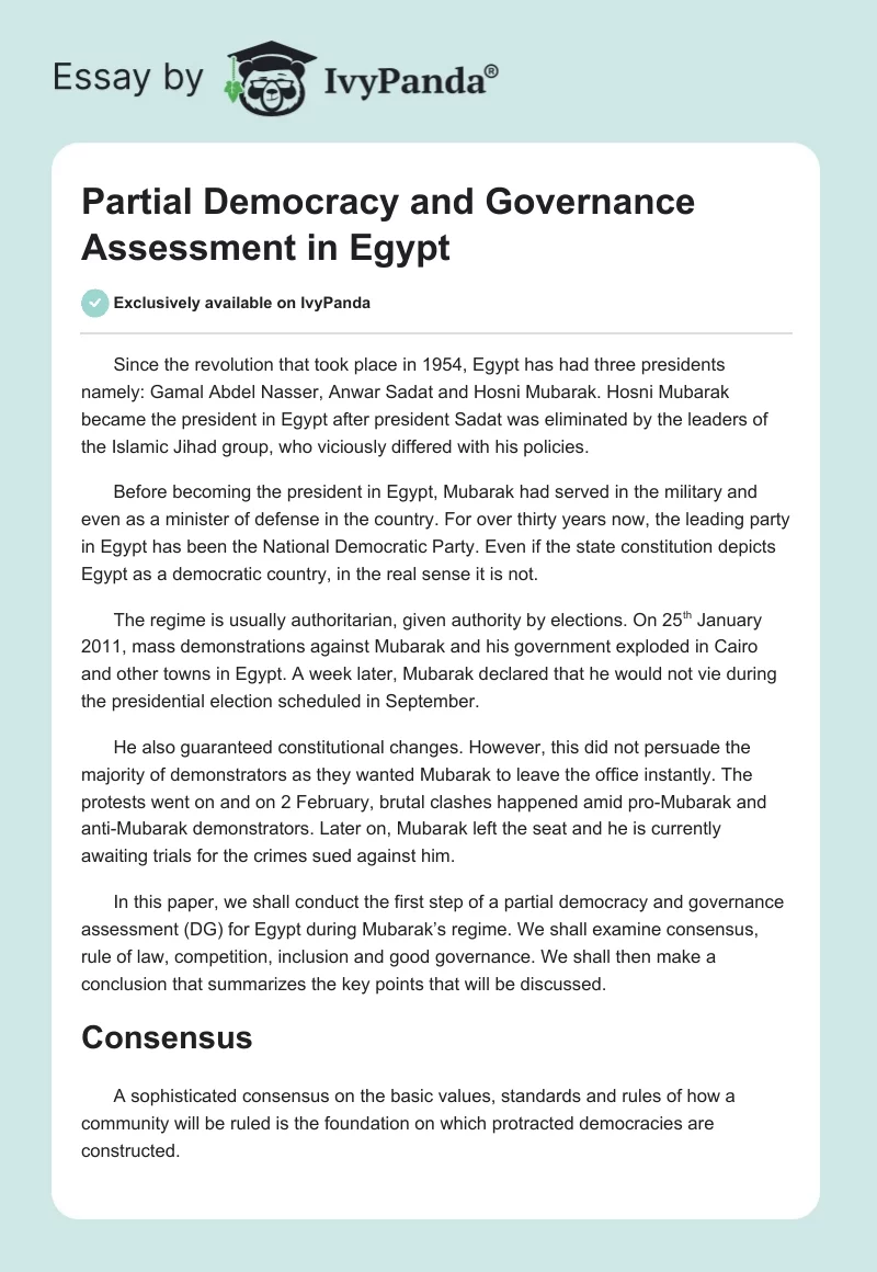 Partial Democracy and Governance Assessment in Egypt. Page 1