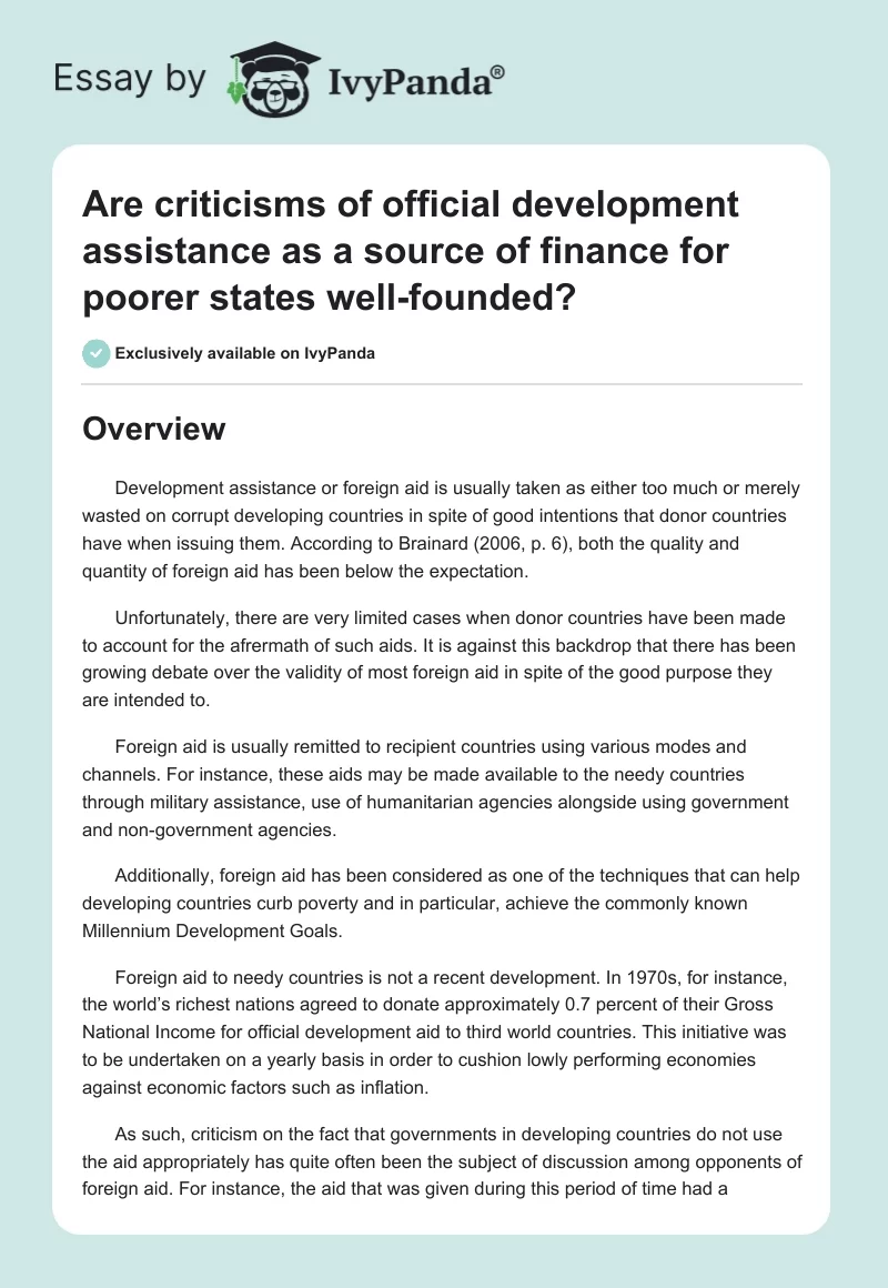 Are criticisms of official development assistance as a source of finance for poorer states well-founded?. Page 1