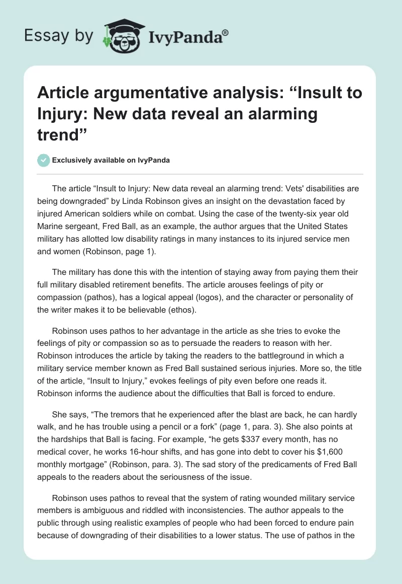 Article argumentative analysis: “Insult to Injury: New data reveal an alarming trend”. Page 1