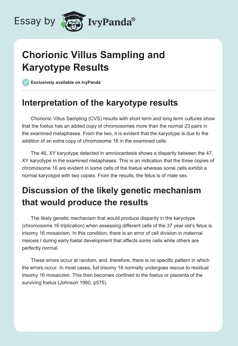 Chorionic Villus Sampling and Karyotype Results. Page 1