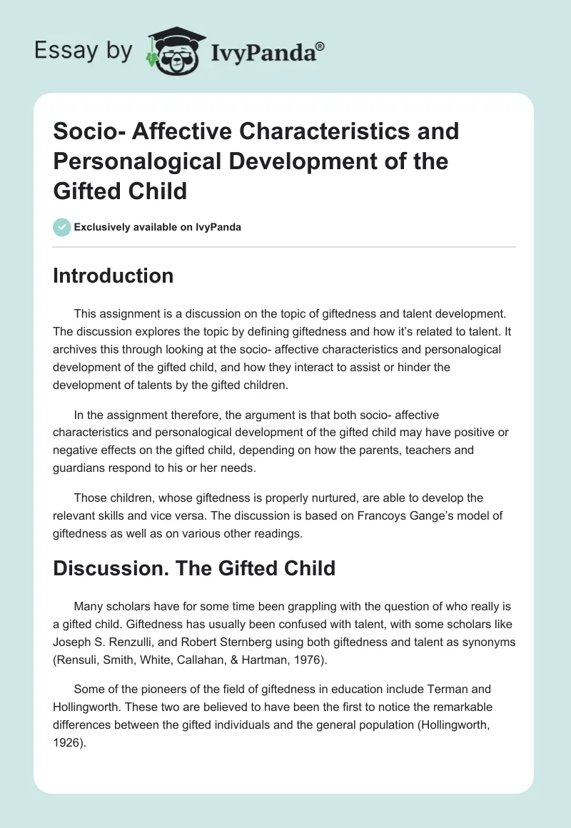 Socio- Affective Characteristics and Personalogical Development of the Gifted Child. Page 1