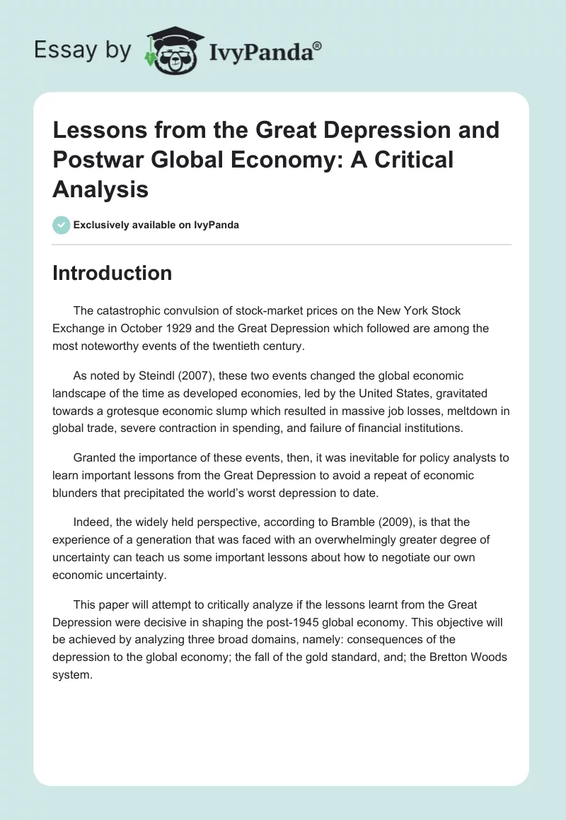 Lessons From the Great Depression and Postwar Global Economy: A Critical Analysis. Page 1