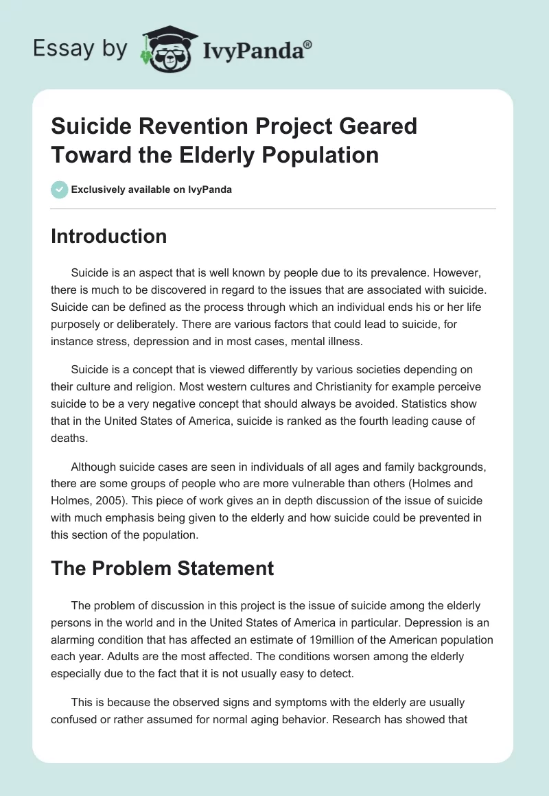 Suicide Revention Project Geared Toward the Elderly Population. Page 1