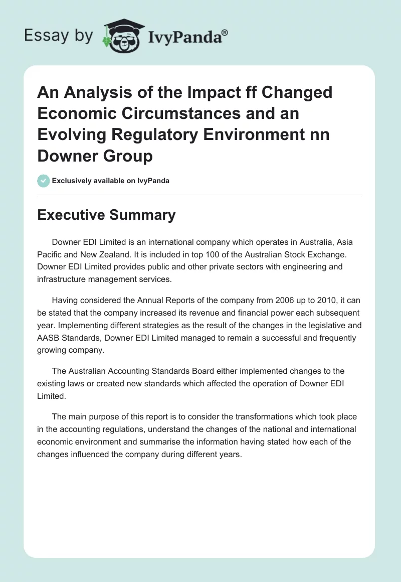 An Analysis of the Impact ff Changed Economic Circumstances and an Evolving Regulatory Environment nn Downer Group. Page 1