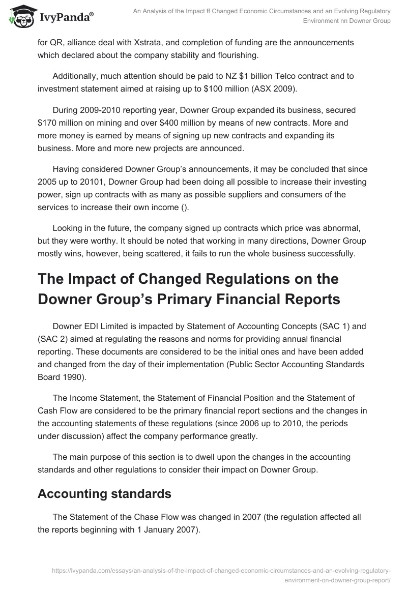 An Analysis of the Impact ff Changed Economic Circumstances and an Evolving Regulatory Environment nn Downer Group. Page 3