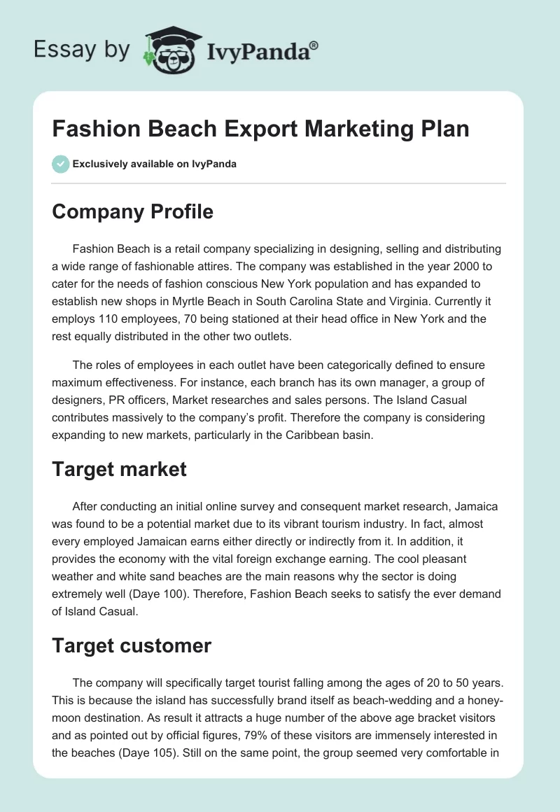 Fashion Beach Export Marketing Plan. Page 1