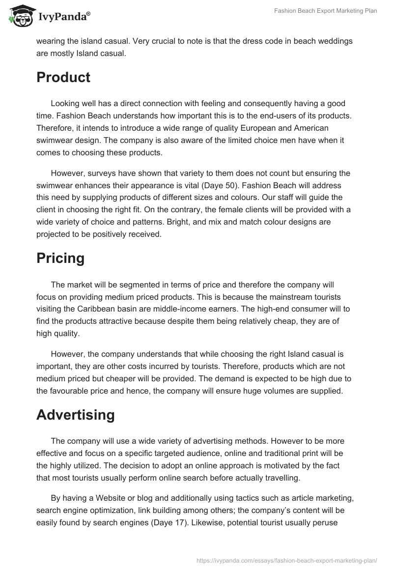 Fashion Beach Export Marketing Plan. Page 2
