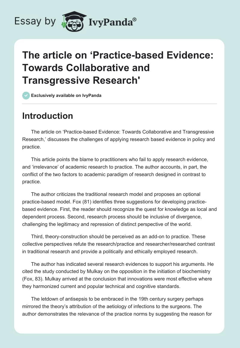 The article on ‘Practice-based Evidence: Towards Collaborative and Transgressive Research'. Page 1