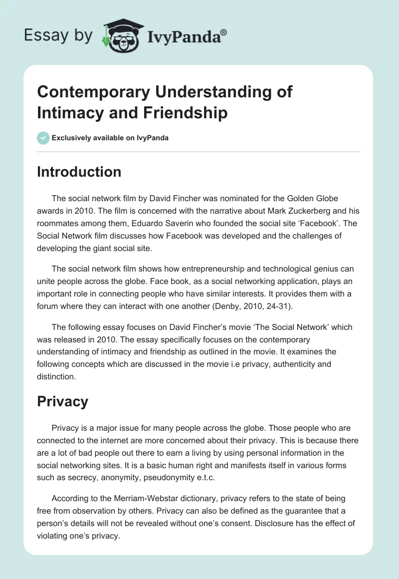 Contemporary Understanding of Intimacy and Friendship. Page 1