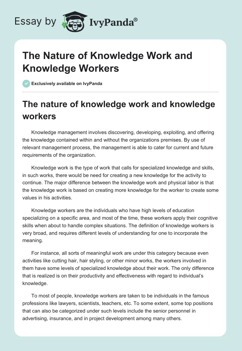 The Nature of Knowledge Work and Knowledge Workers. Page 1