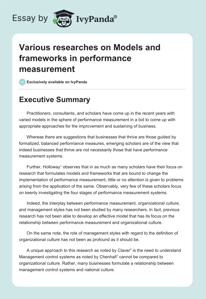 Various Researches on Models and Frameworks in Performance Measurement. Page 1