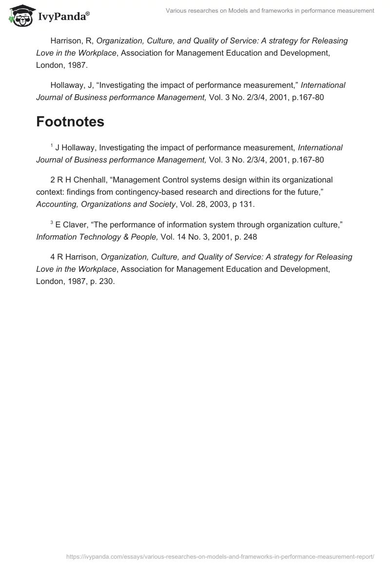 Various Researches on Models and Frameworks in Performance Measurement. Page 3