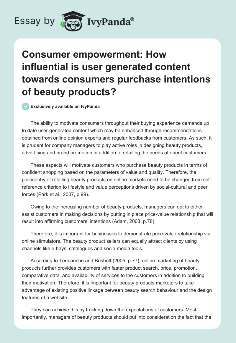 Consumer empowerment: How influential is user generated content towards consumers purchase intentions of beauty products?. Page 1
