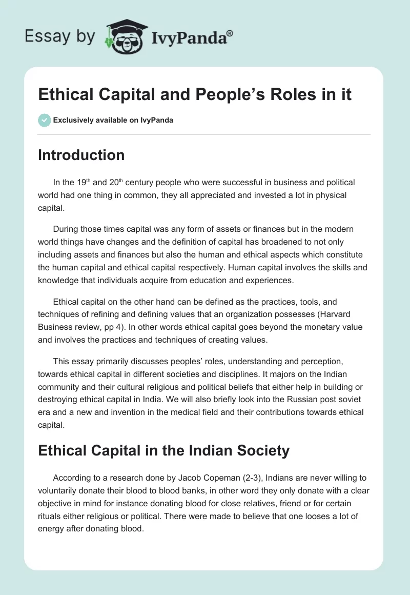 Ethical Capital and People’s Roles in it. Page 1