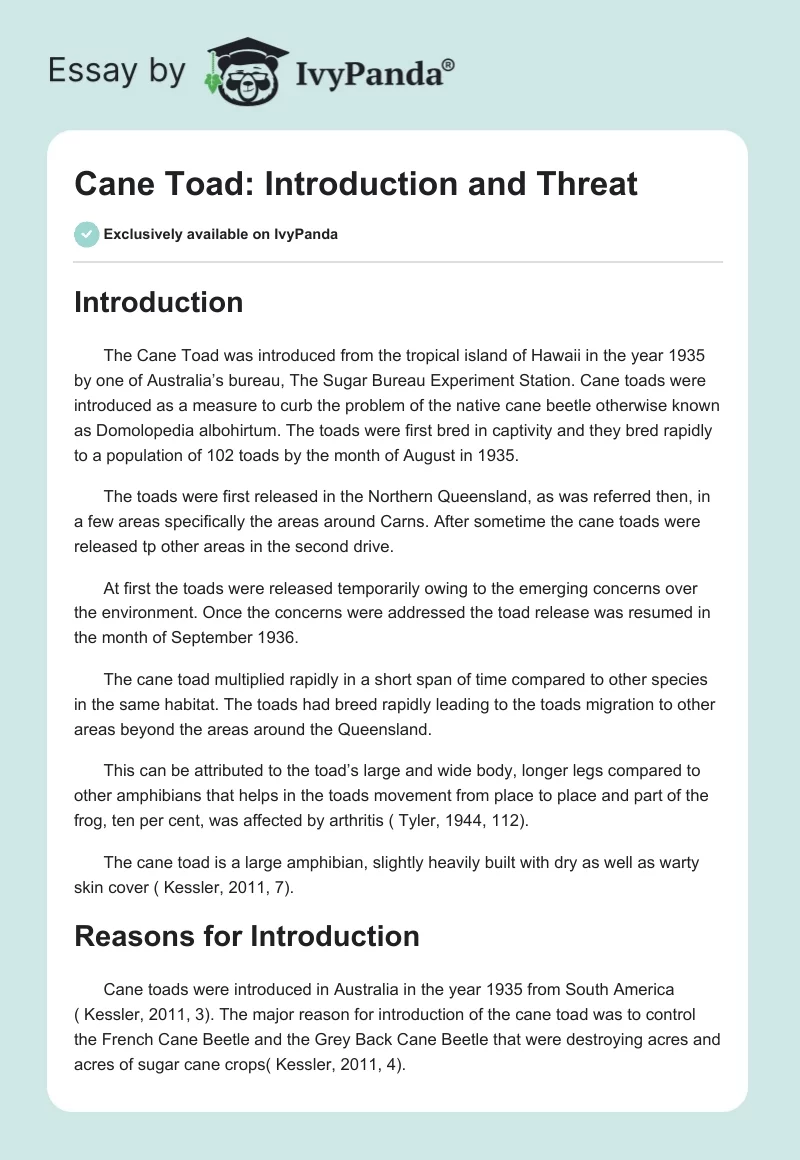 Cane Toad: Introduction and Threat. Page 1