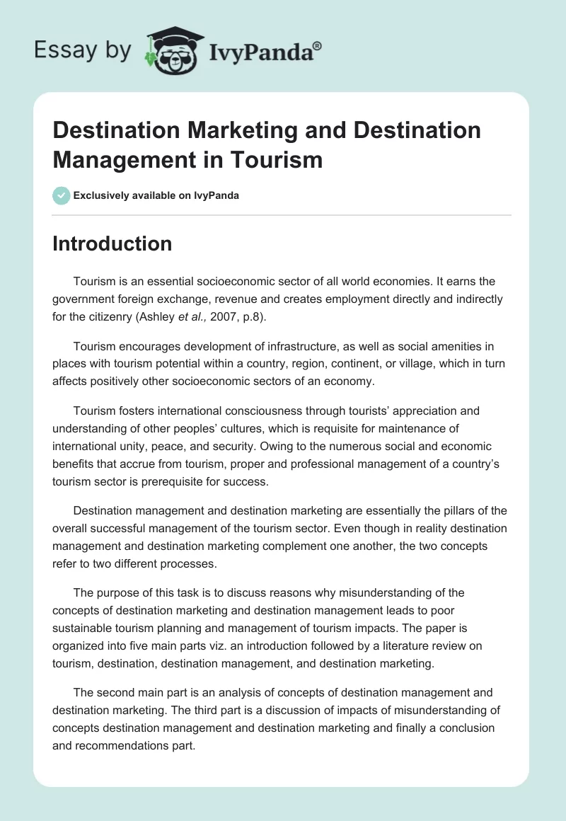 Destination Marketing and Destination Management in Tourism. Page 1