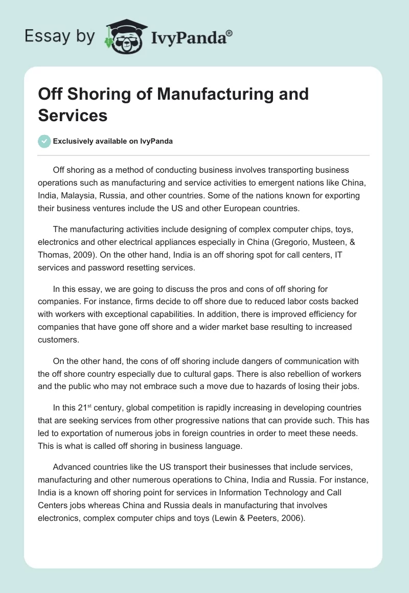 Off Shoring of Manufacturing and Services. Page 1