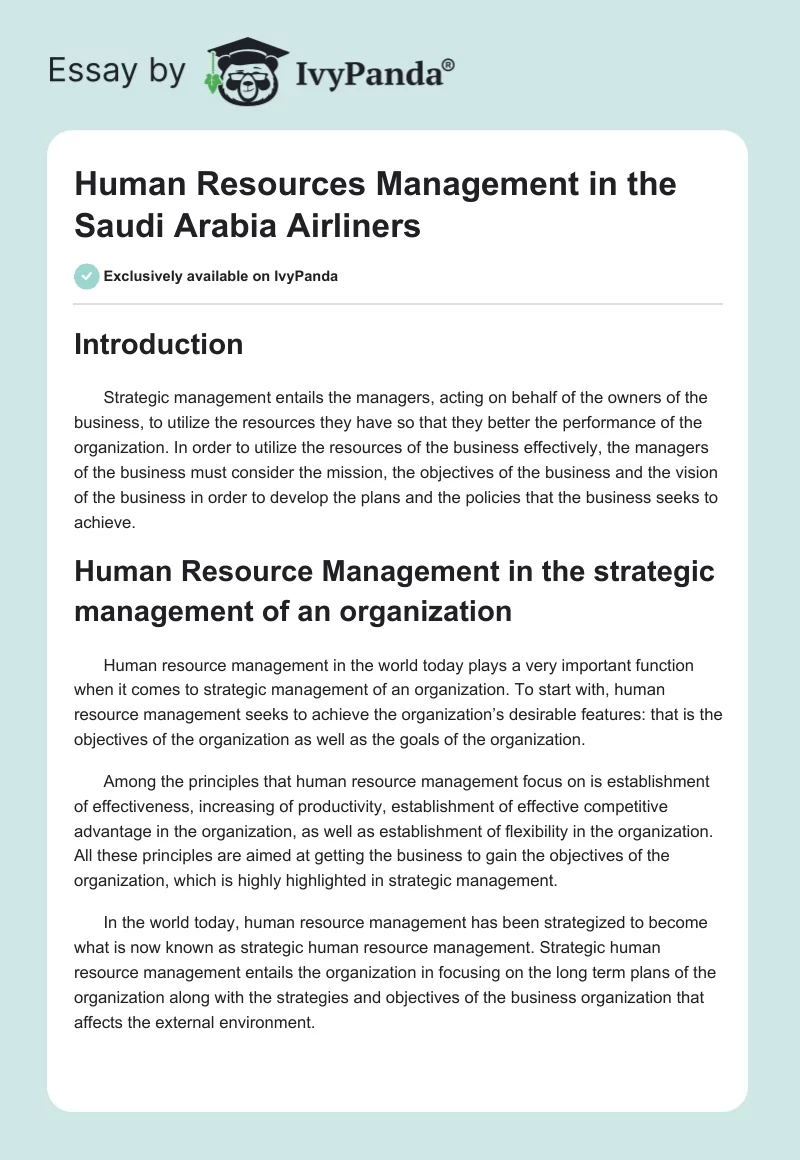 Human Resources Management in the Saudi Arabia Airliners. Page 1