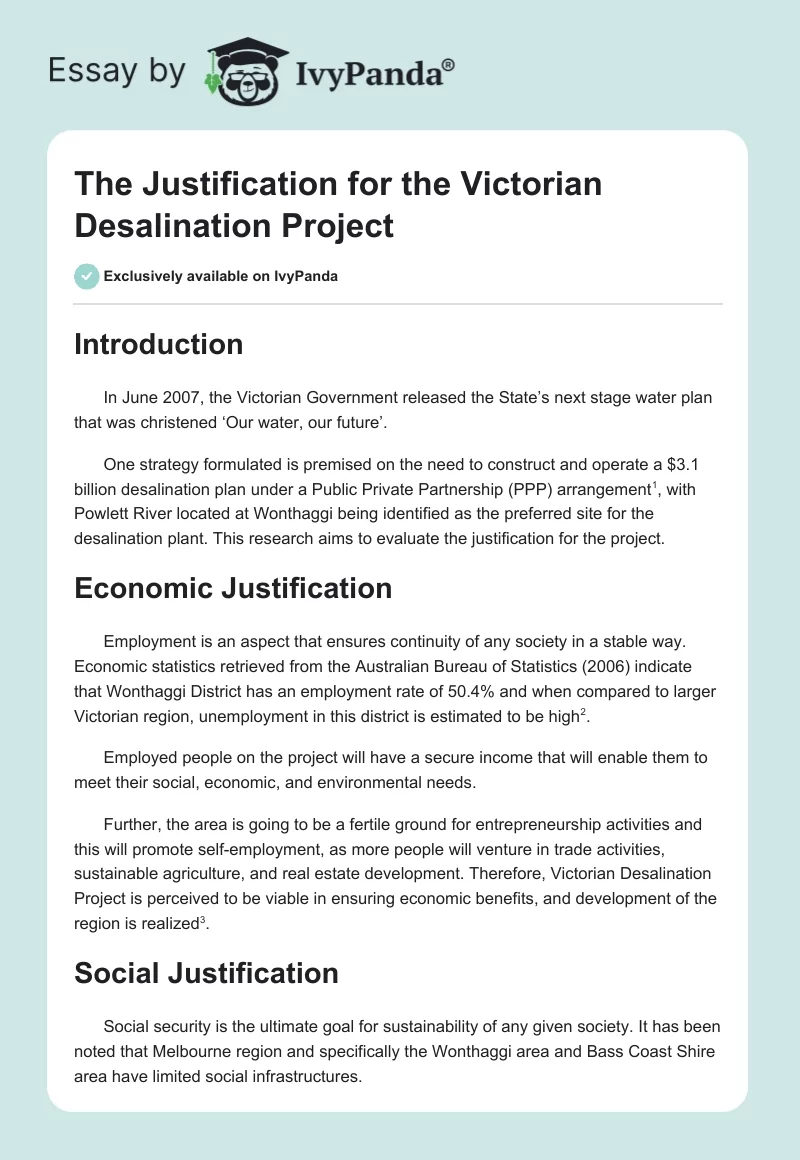 The Justification for the Victorian Desalination Project. Page 1