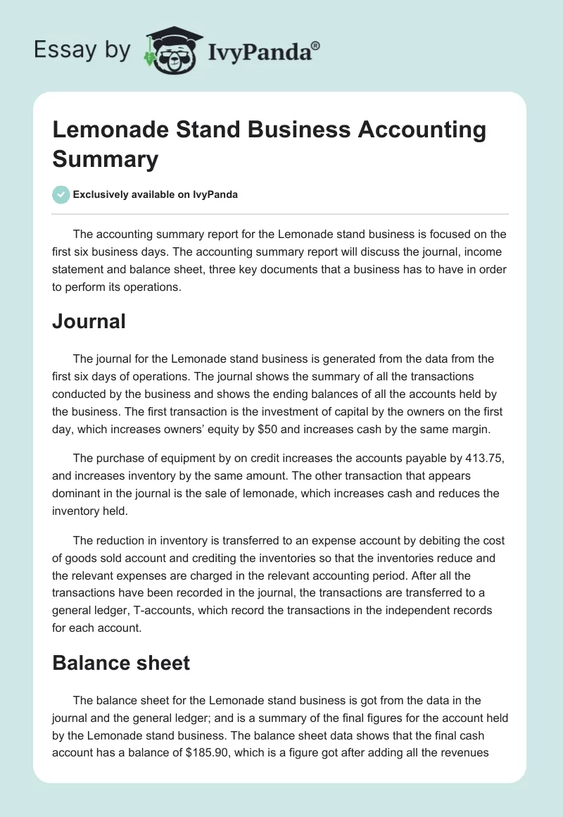 Lemonade Stand Business Accounting Summary. Page 1