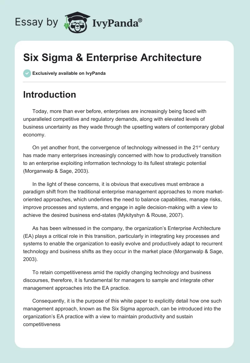Six Sigma & Enterprise Architecture. Page 1