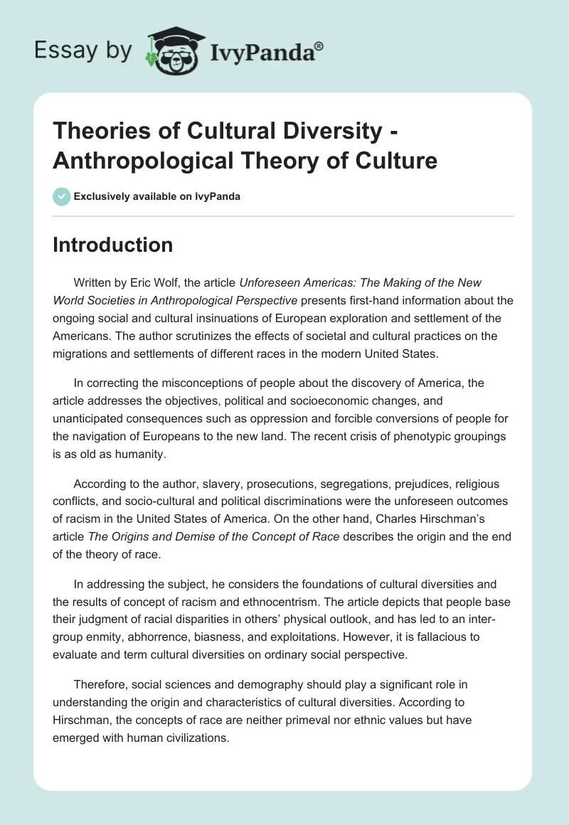 Theories of Cultural Diversity - Anthropological Theory of Culture. Page 1