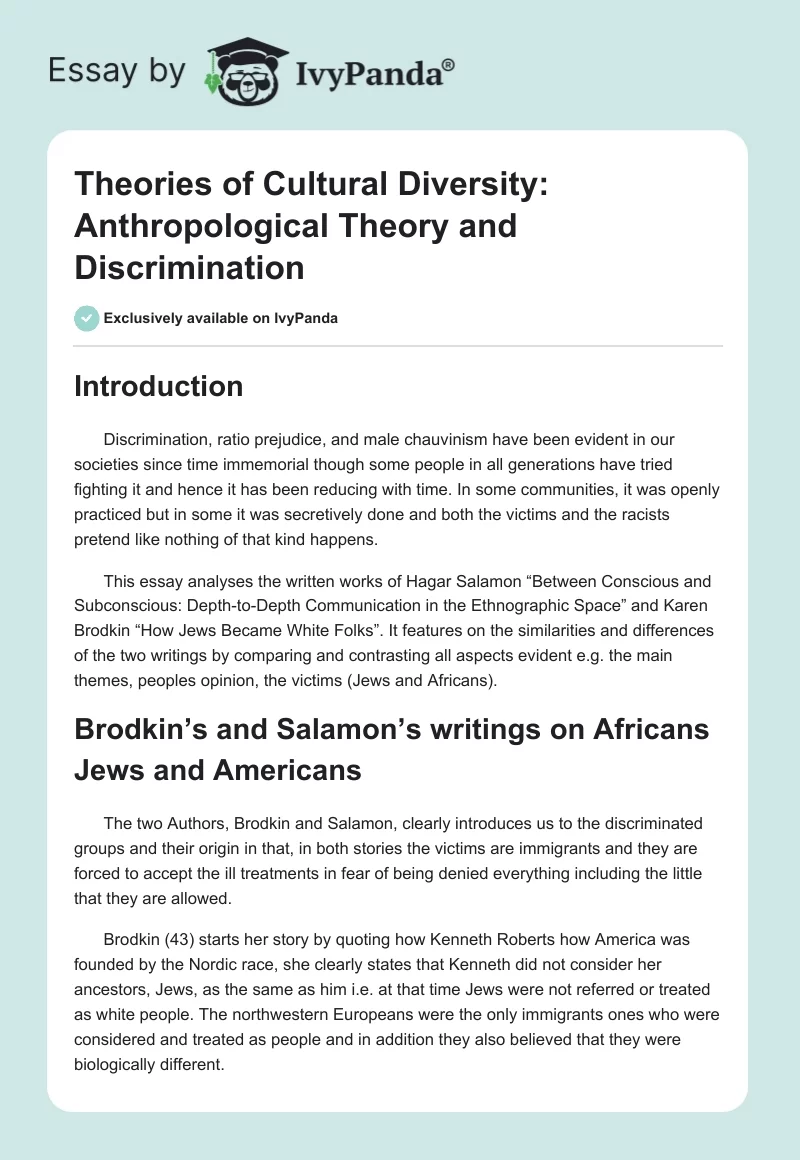 Theories of Cultural Diversity: Anthropological Theory and Discrimination. Page 1